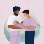 Illustration of two male parents holding a baby.