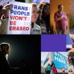 Several images of women and protest signs for abortion and trans rights and a photo of Kamala Harris speaking at a podium.