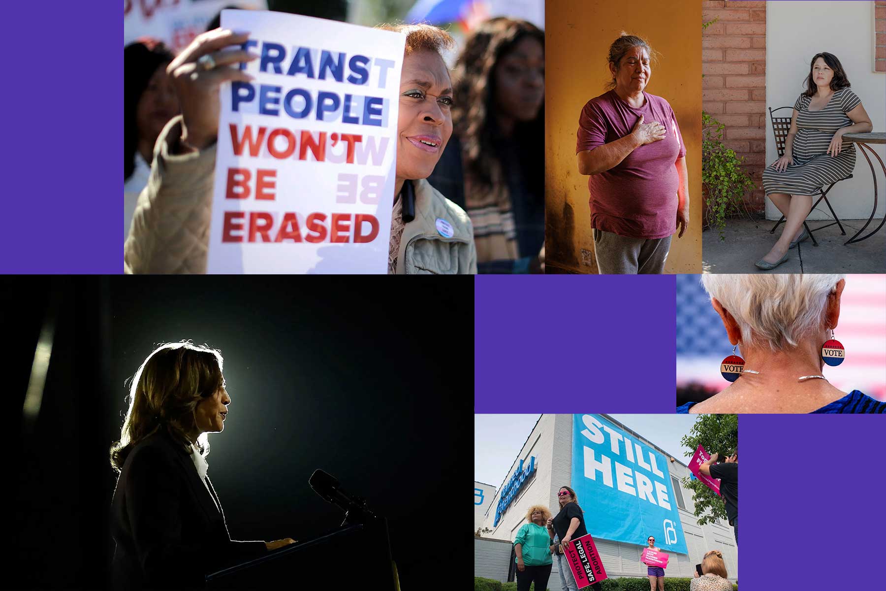 Several images of women and protest signs for abortion and trans rights and a photo of Kamala Harris speaking at a podium.