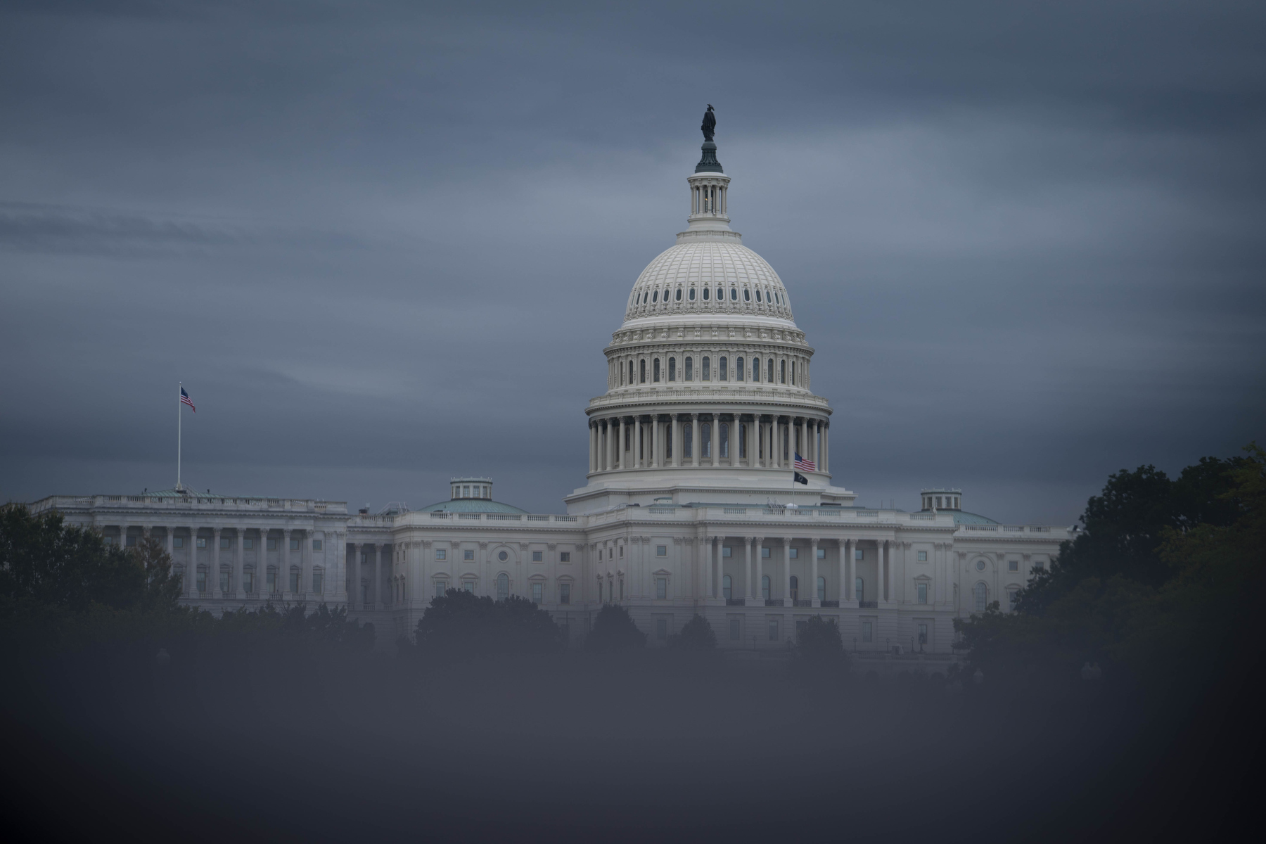 The U.S. Capitol building surrounded by fog and trees.