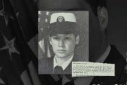 A collage featuring a vintage black-and-white military portrait of a woman in uniform, overlaid with an excerpt of a typewritten letter. The woman wears a peaked cap with an insignia and appears serious and composed. The letter, partially visible in the bottom-right corner, mentions concerns about an 