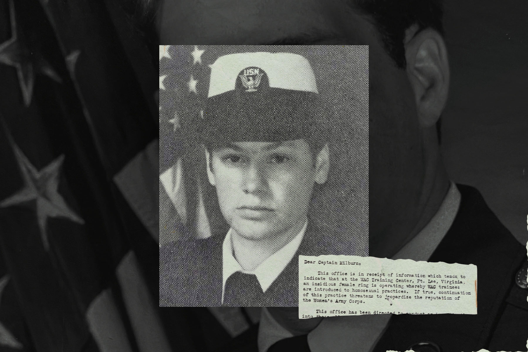 A collage featuring a vintage black-and-white military portrait of a woman in uniform, overlaid with an excerpt of a typewritten letter. The woman wears a peaked cap with an insignia and appears serious and composed. The letter, partially visible in the bottom-right corner, mentions concerns about an "insidious female ring" introducing "homosexual practices" within the military.