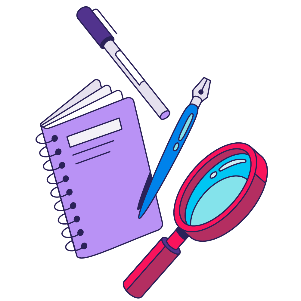 An illustration depicting a notebook, pen, highlighter, and magnifying glass.