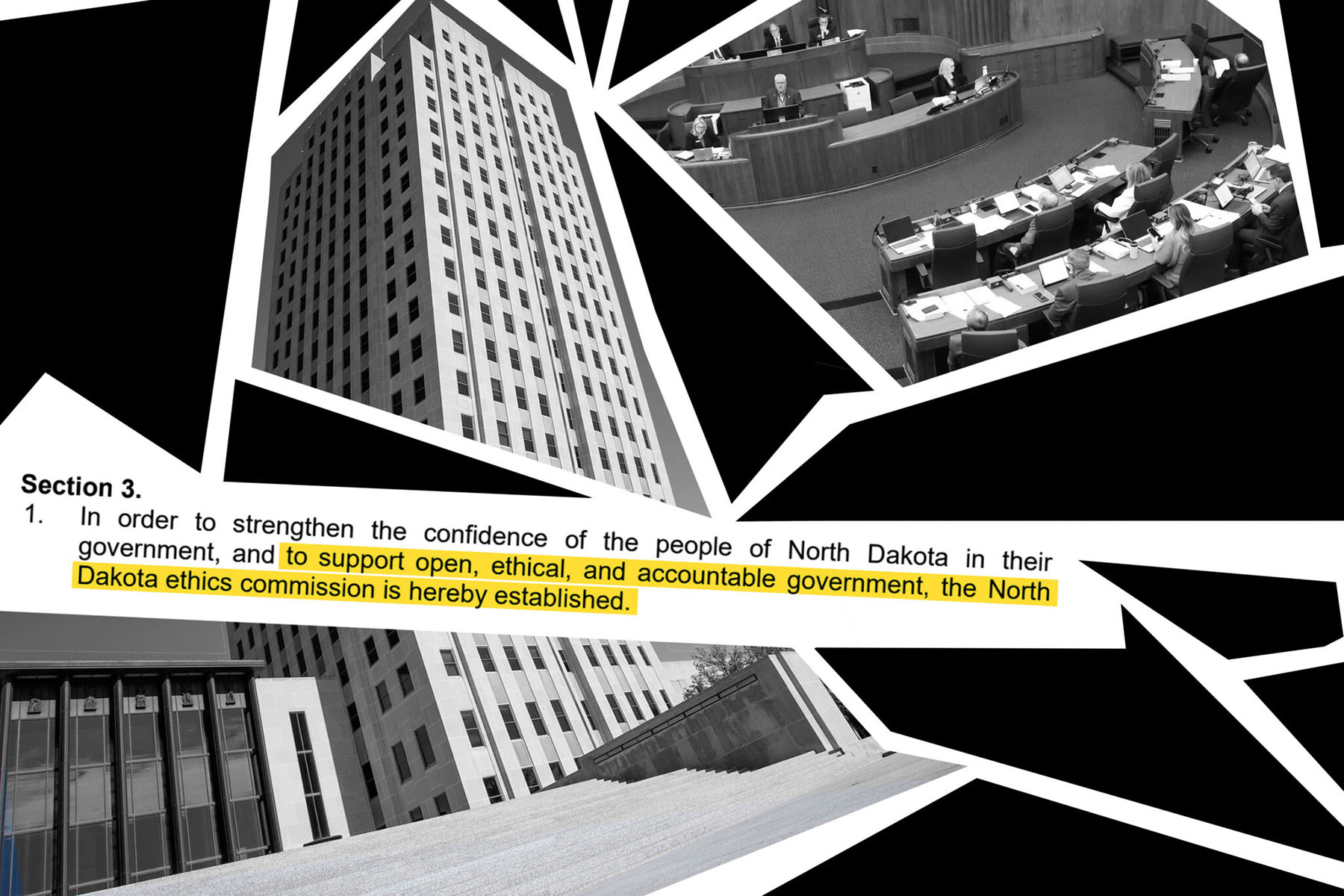 Black-and-white collage of images depicting the North Dakota State Capitol building, a legislative chamber in session, and a highlighted excerpt from Section 3 of a government document. The text reads: 'In order to strengthen the confidence of the people of North Dakota in their government, and to support open, ethical, and accountable government, the North Dakota ethics commission is hereby established.' The composition features jagged, fragmented panels, creating a bold, dynamic design.