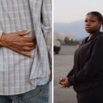 right: Delva Gibson holds her husband tightly as a group of religious supporters pray for the couple after they lost their home to the Eaton Canyon fire; left: Anniah Baynes tears up as she poses for a portrait after losing her home in the Eaton fire.