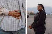 right: Delva Gibson holds her husband tightly as a group of religious supporters pray for the couple after they lost their home to the Eaton Canyon fire; left: Anniah Baynes tears up as she poses for a portrait after losing her home in the Eaton fire.