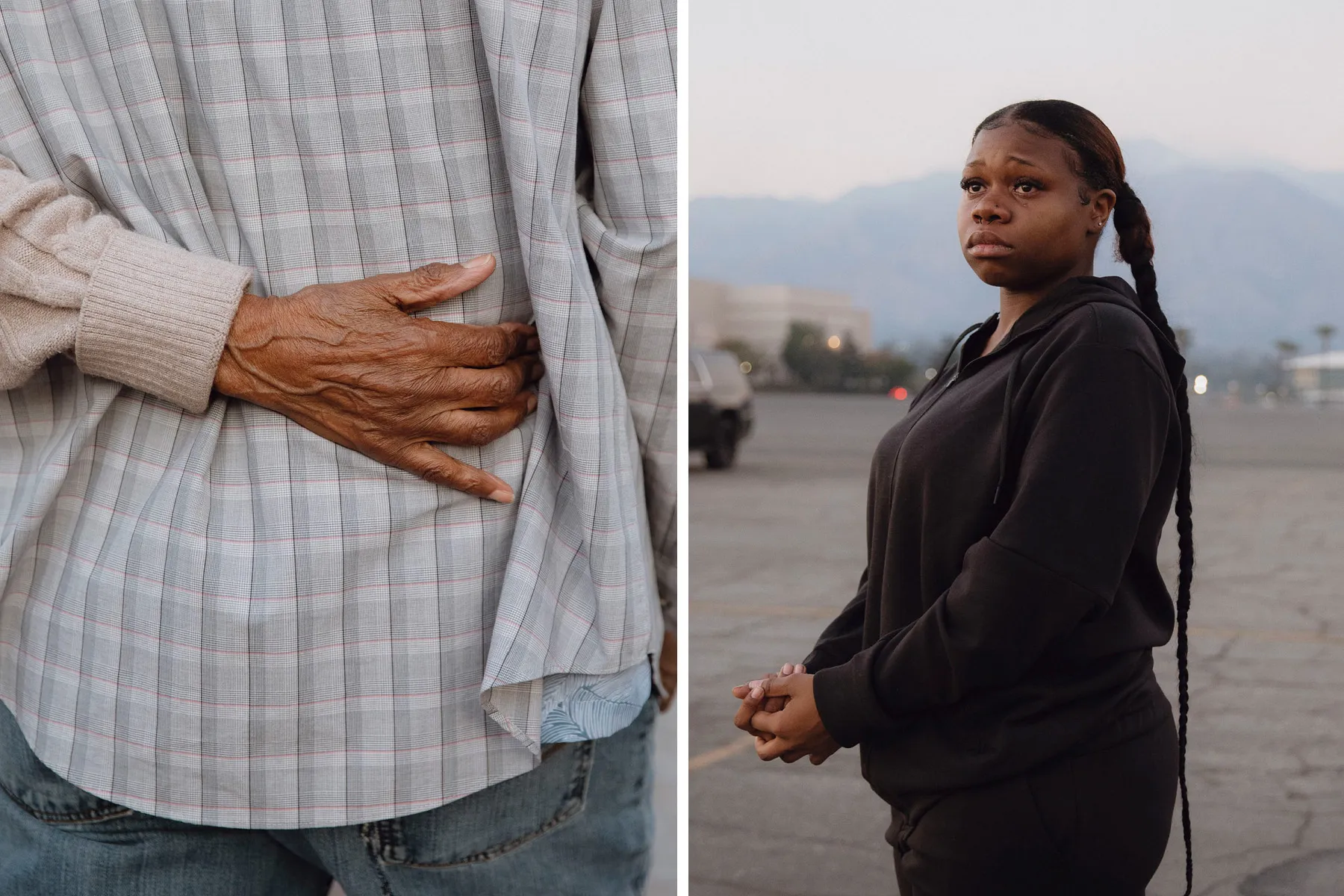 right: Delva Gibson holds her husband tightly as a group of religious supporters pray for the couple after they lost their home to the Eaton Canyon fire; left: Anniah Baynes tears up as she poses for a portrait after losing her home in the Eaton fire.