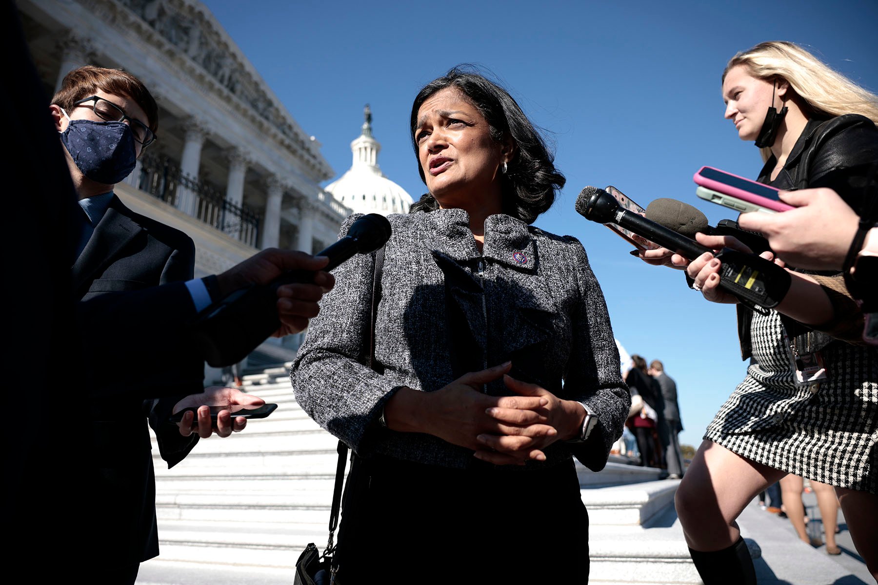 Chair of the Congressional Progressive Caucus Rep. Pramila Jayapal speaks with reporters about Build Back Better outside the Capitol Building.