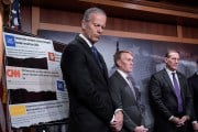 From left, Senate Majority Leader John Thune, Sen. James Lankford, and Sen. Ted Budd talk to reporters about the Laken Riley Act at the Capitol in Washington, D.C.