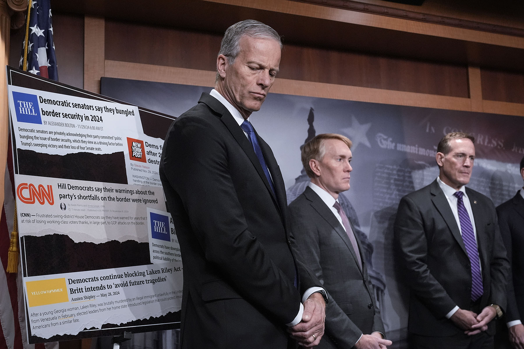 From left, Senate Majority Leader John Thune, Sen. James Lankford, and Sen. Ted Budd talk to reporters about the Laken Riley Act at the Capitol in Washington, D.C.