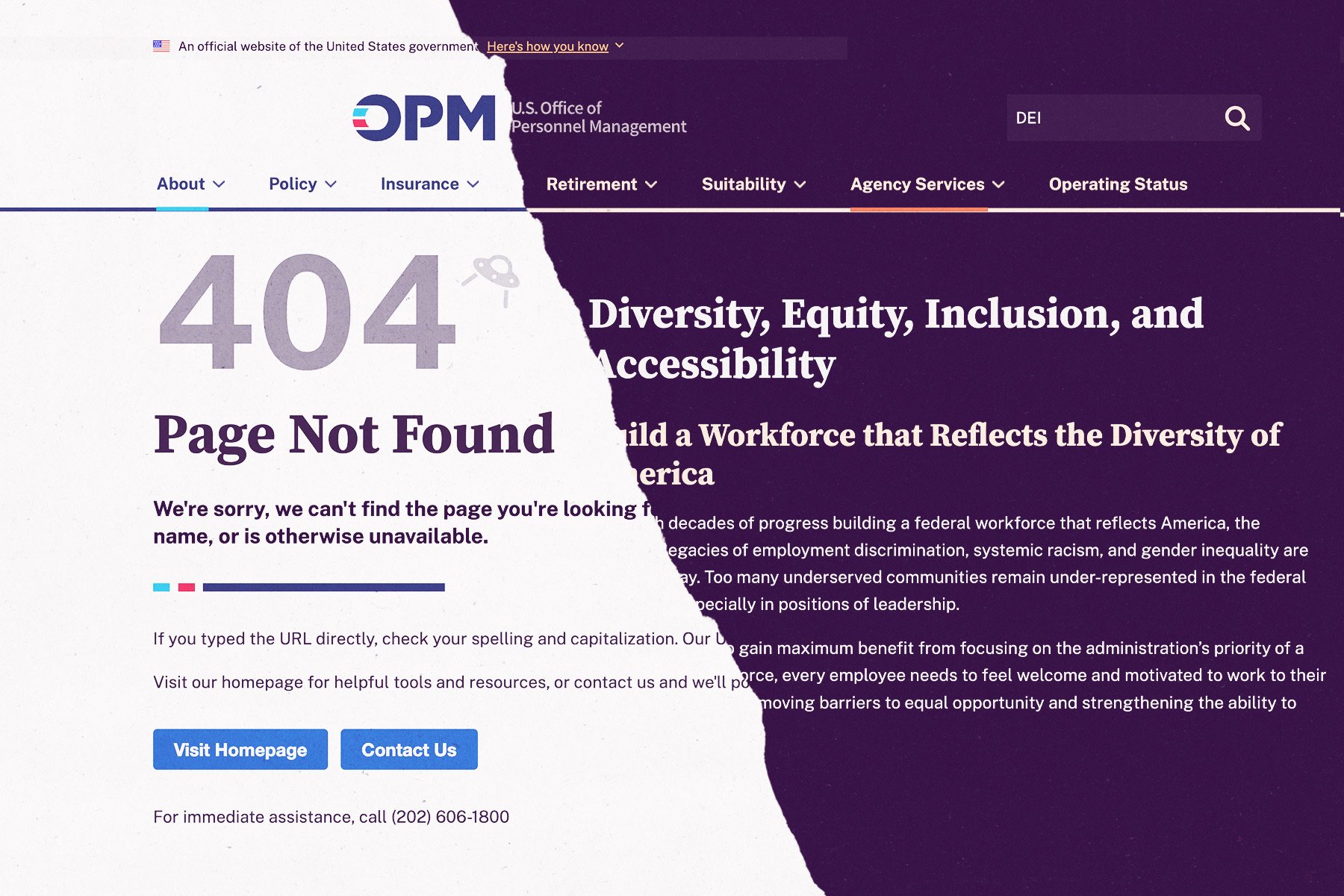 A webpage for the federal U.S. Office of Personnel Management about diversity, equity, inclusion and accessibility now results in a 404 Page Not Found error.