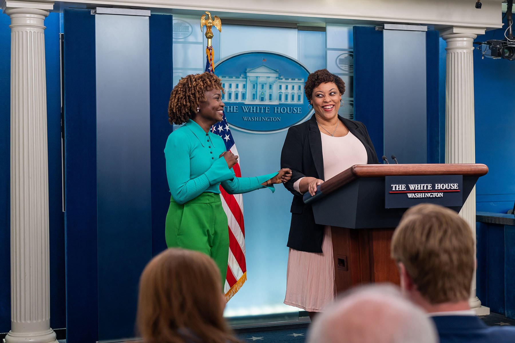 Shalanda Young and Press Secretary Karine Jean-Pierre hold a briefing in the James S. Brady Press Briefing Room of the White House.