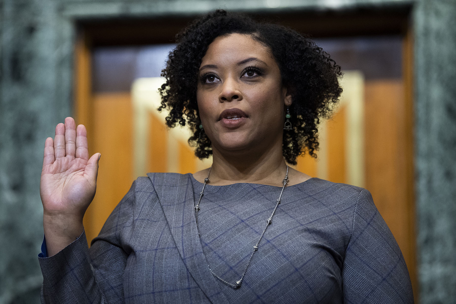 Shalanda D. Young is sworn into her Senate Budget Committee confirmation in Dirksen Building on March 2, 2021.