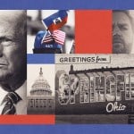 A collage featuring Donald Trump in a stern expression on the left, a Capitol dome in the center bottom, and a 'Greetings from Springfield, Ohio' mural in the lower right. The upper center shows hats with Haitian and American flags, while the upper right includes a close-up of a serious JD Vance.