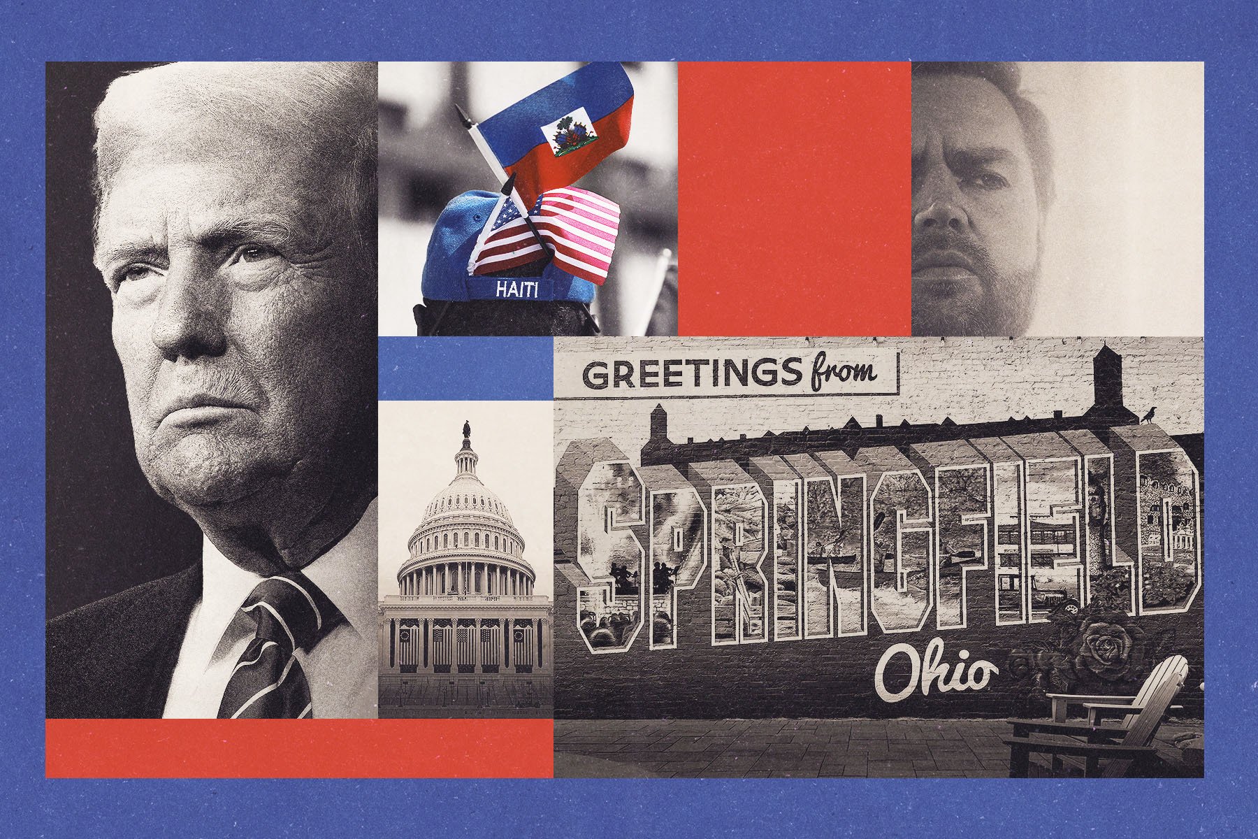 A collage featuring Donald Trump in a stern expression on the left, a Capitol dome in the center bottom, and a 'Greetings from Springfield, Ohio' mural in the lower right. The upper center shows hats with Haitian and American flags, while the upper right includes a close-up of a serious JD Vance.