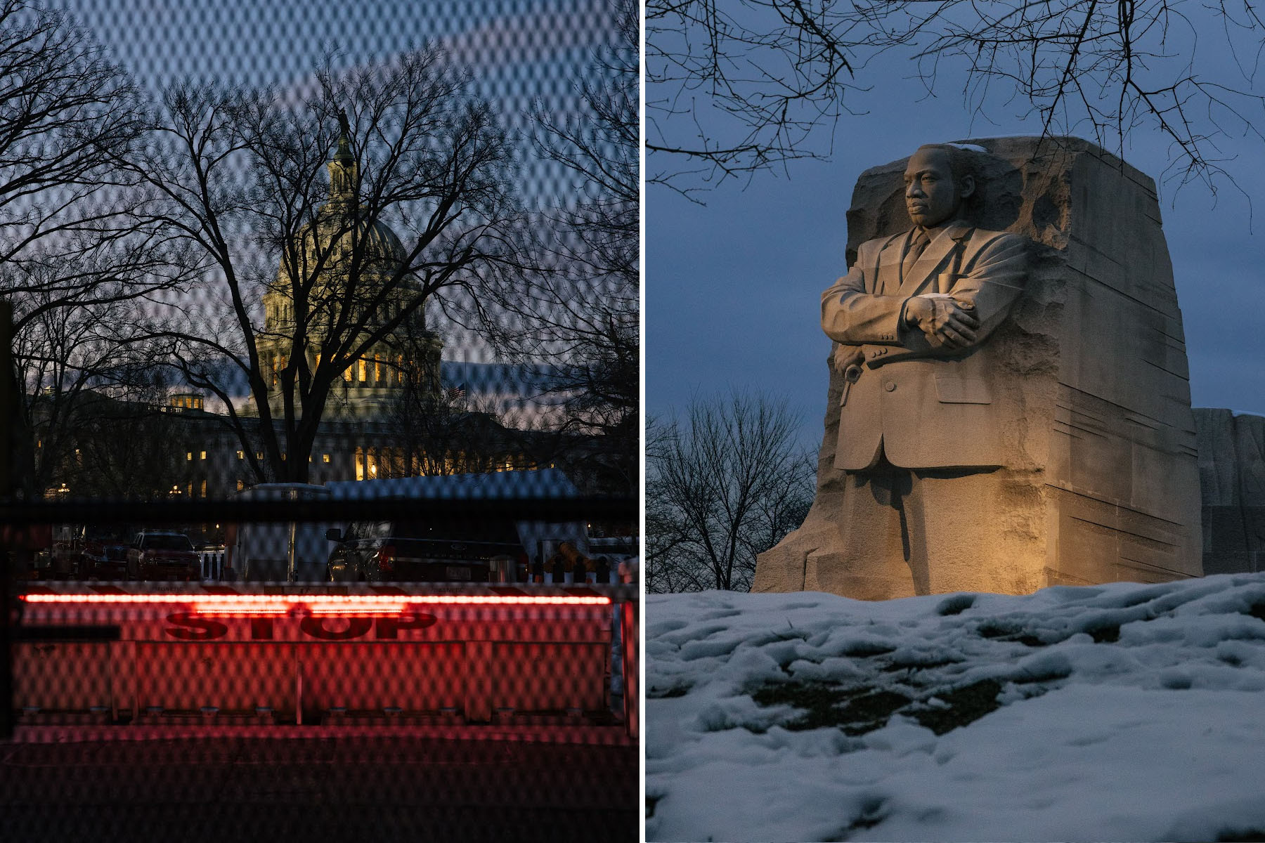 LEFT: A barrier that reads "Stop" stands in front of Congress. Security fencing surrounds the U.S. Capitol and much of the National Mall ahead of Donald Trump’s second inauguration. RIGHT: the Martin Luther King, Jr. Memorial is lit up at night.