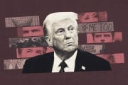 Collage featuring Donald Trump in the foreground, set against a textured background of muted red tones. Behind him are layered images of #MeToo protests and key figures associated with allegations of misconduct: Matt Geitz, Pete Hegseth, RFK Jr.