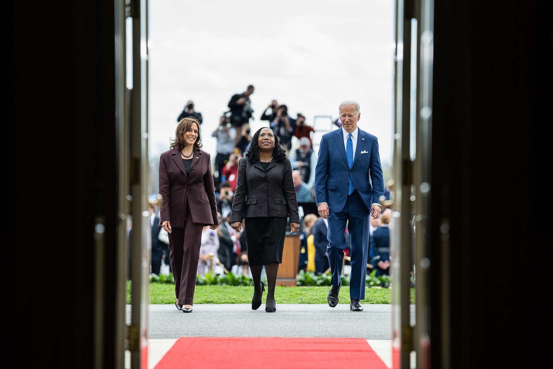 President Biden and Vice President Harris return to the White House with Supreme Court Justice Ketanji Brown Jackson following an event on the South Lawn to commemorate her confirmation.