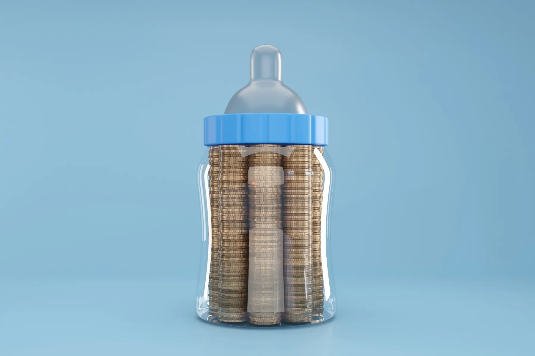 A milk bottle filled with coins.