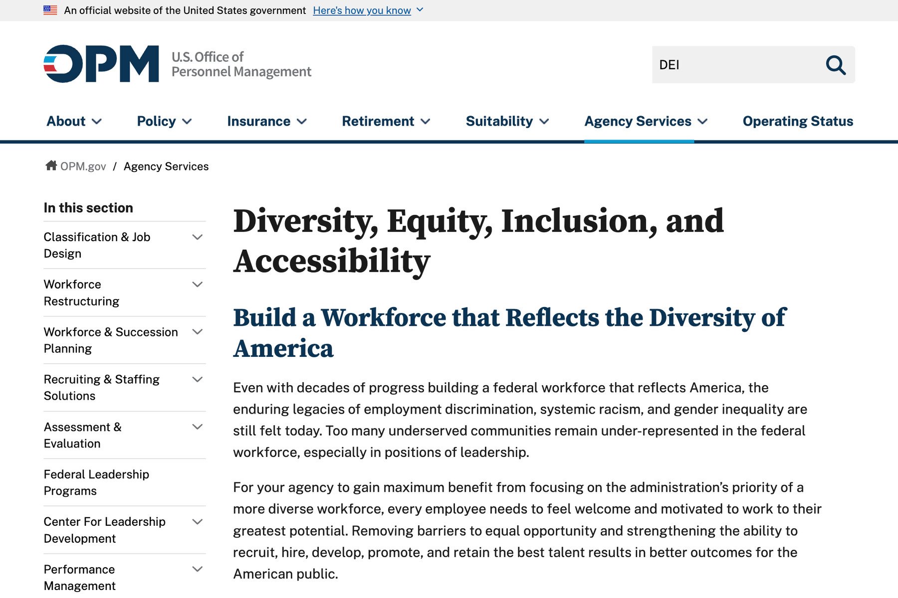 A webpage for the federal U.S. Office of Personnel Management shows language about diversity, equity, inclusion and accessibility.