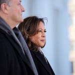 Vice President Kamala Harris waits for the arrival of Second lady Usha Vance and Vice President J.D. Vance for Inauguration ceremonies at the White House.