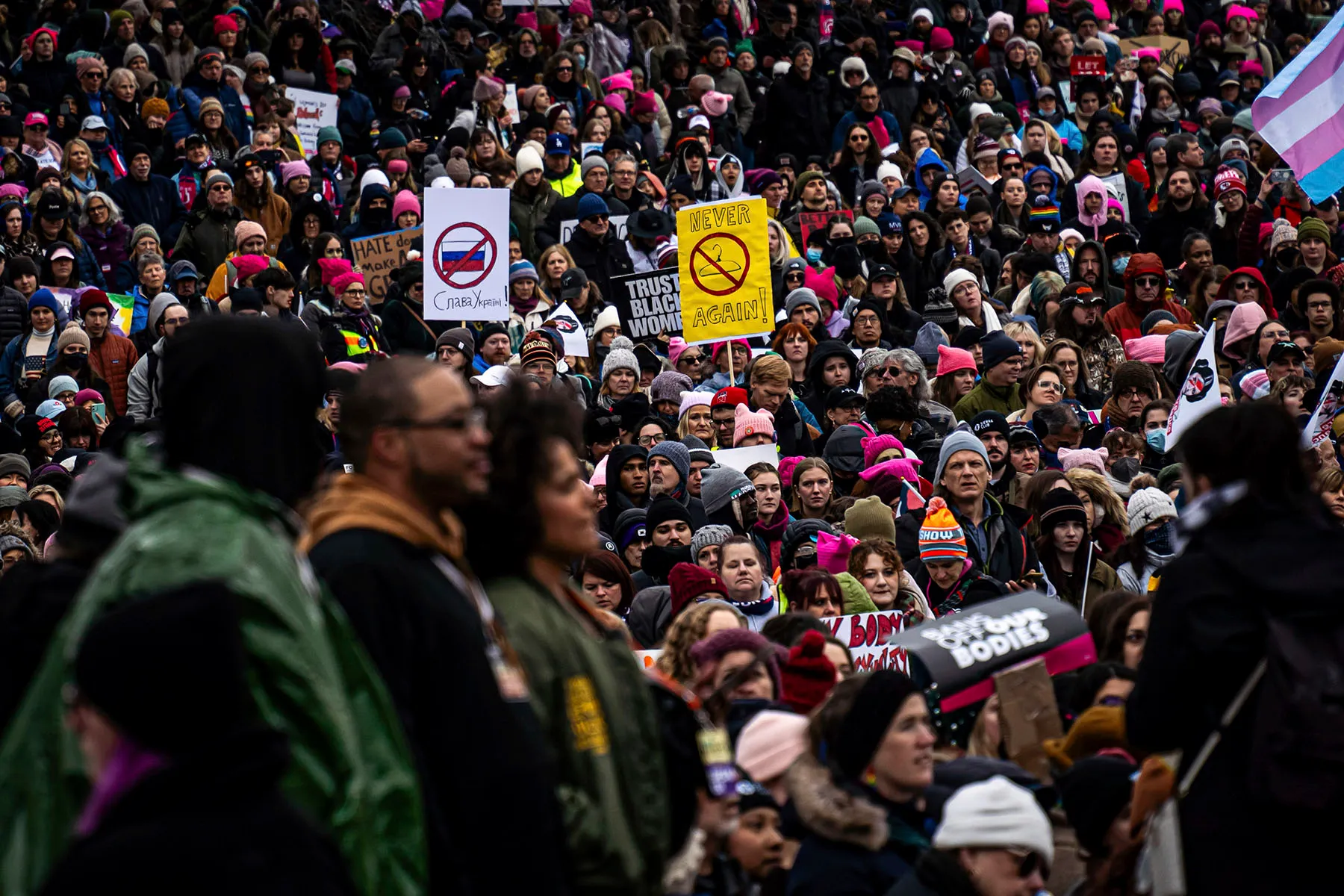 Demonstrators march during the People's March on January 18, 2025, in Washington, D.C.