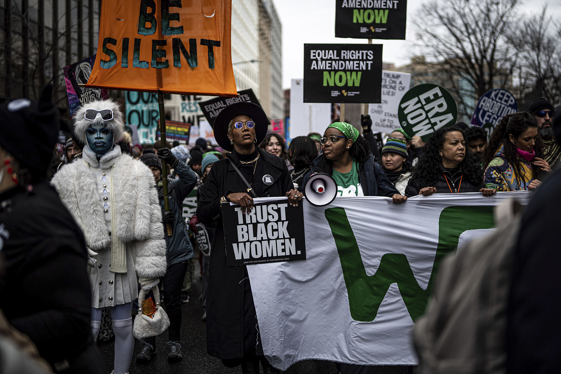 Demonstrators march during the People's March on January 18, 2025, in Washington, D.C.