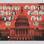 An illustration of the U.S. Capitol building on a red background, surrounded by circular portraits of Trump’s Cabinet nominees.