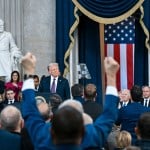 President Donald Trump speaks after being sworn in at his inauguration in the Capitol Rotunda