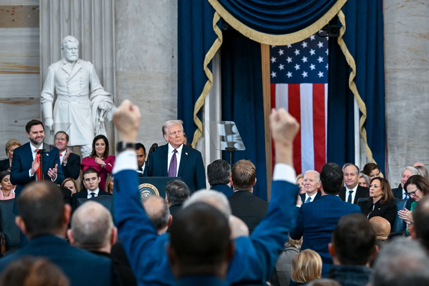 President Donald Trump speaks after being sworn in at his inauguration in the Capitol Rotunda