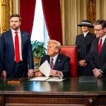 President Donald Trump takes part in a signing ceremony after his inauguration in the President's Room at the Capitol on January 20, 2025 in Washington, D.C.