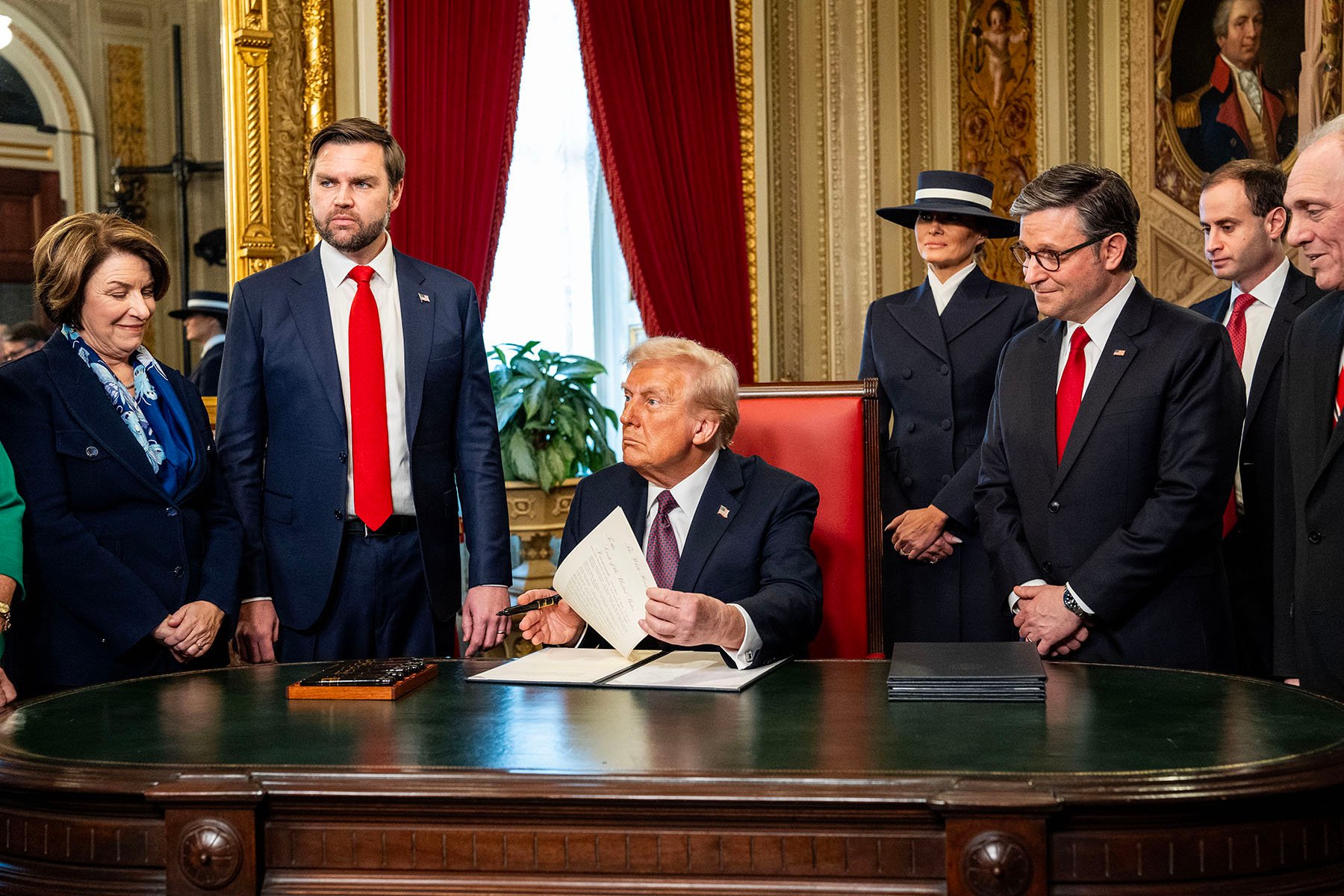 President Donald Trump takes part in a signing ceremony after his inauguration in the President's Room at the Capitol on January 20, 2025 in Washington, D.C.