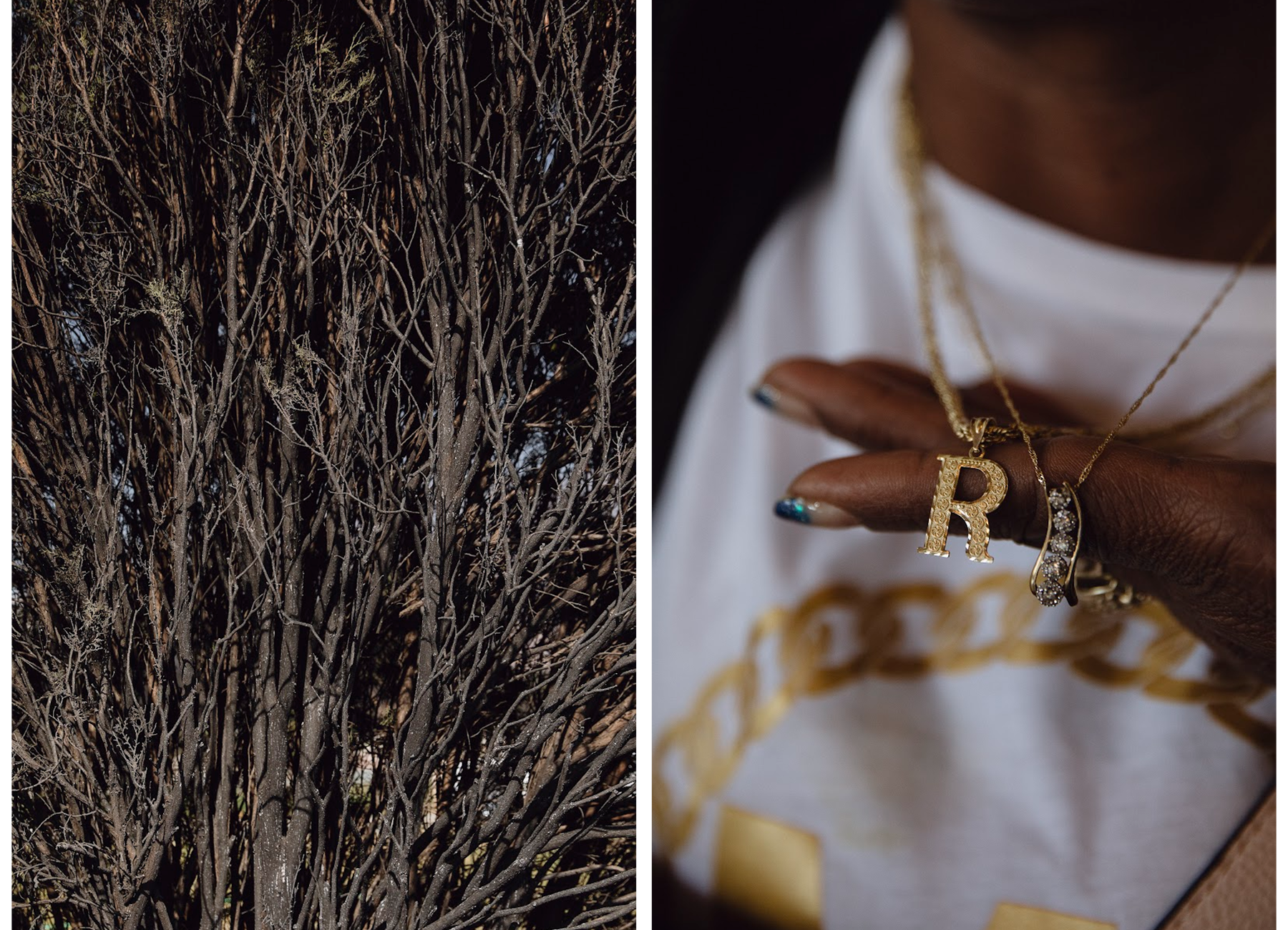 Left: The front yard tree, which Rose Hayes lovingly calls her Christmas tree, has turned completely black from the fire. Right: Rose Hayes holds two of her favorite necklaces, among the few belongings she has left after losing her home to the Eaton Canyon fire.