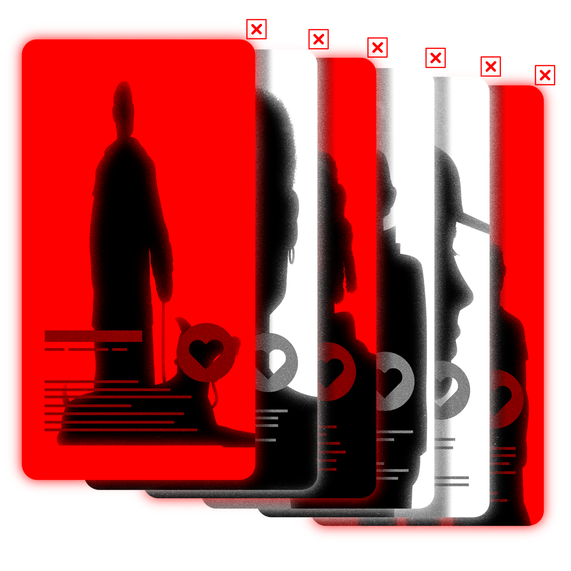 Illustration of an array of red and white dating profiles showing silhouettes of men