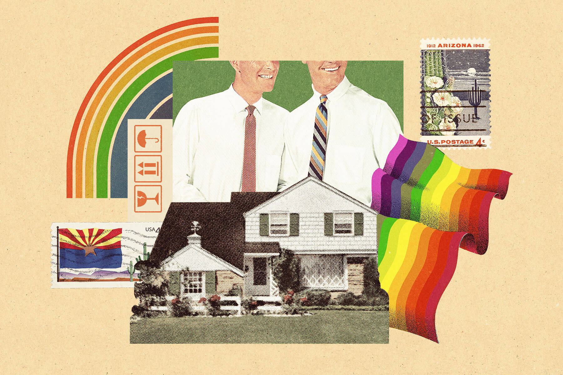 A collage features two men in white shirts and ties standing side by side, their heads cropped out of the frame. A suburban house with is positioned below them. The composition includes vintage postage stamps, one featuring an Arizona state flag and another depicting a desert landscape with a cactus. A stylized rainbow graphic flows through the image.