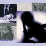 photo collage-style illustration featuring a close-up of Donald Trump signing an executive order, an image of a U.S. dollar bill, a cracked surface, and a shadowy silhouette of a distressed person with their head in their hands.