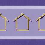 An illustrative image of three small houses made of pencils on a purple background.