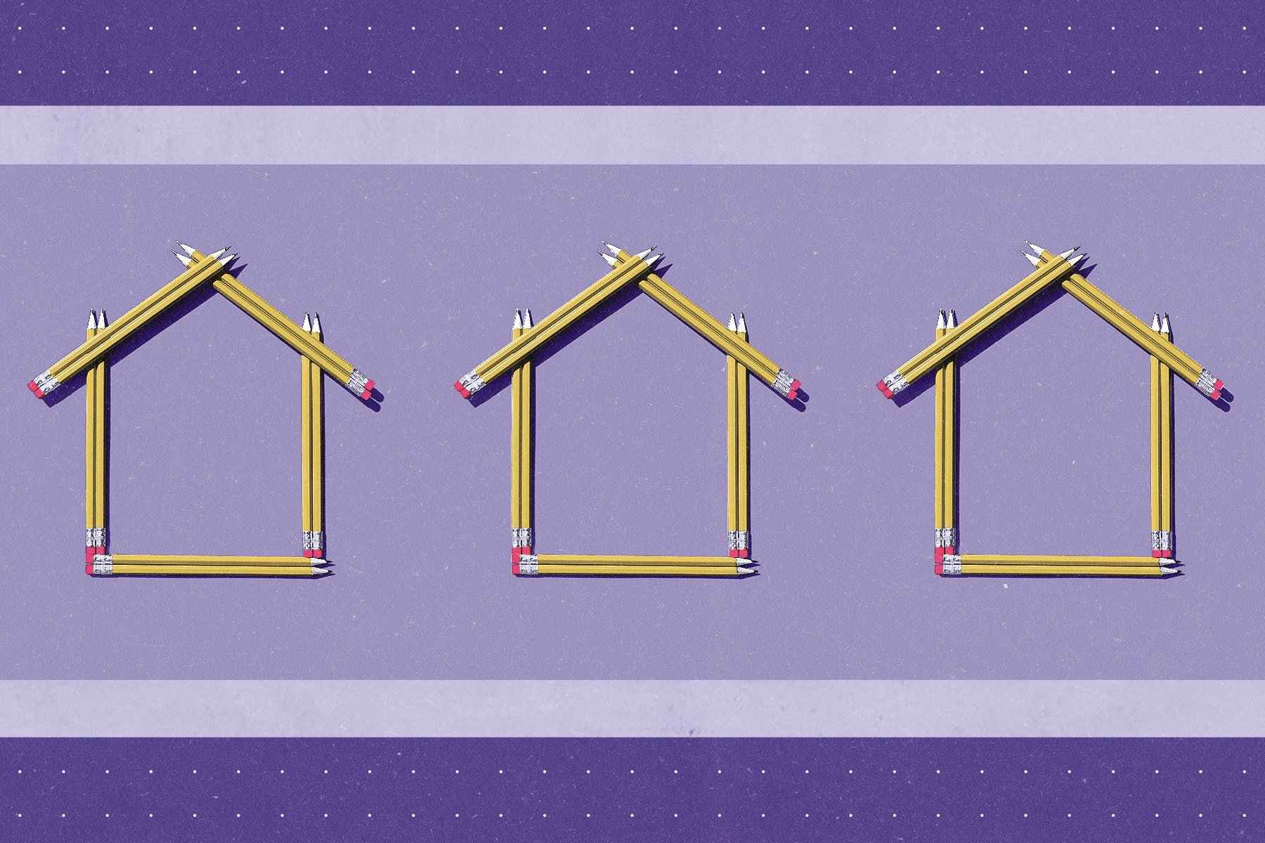 An illustrative image of three small houses made of pencils on a purple background.