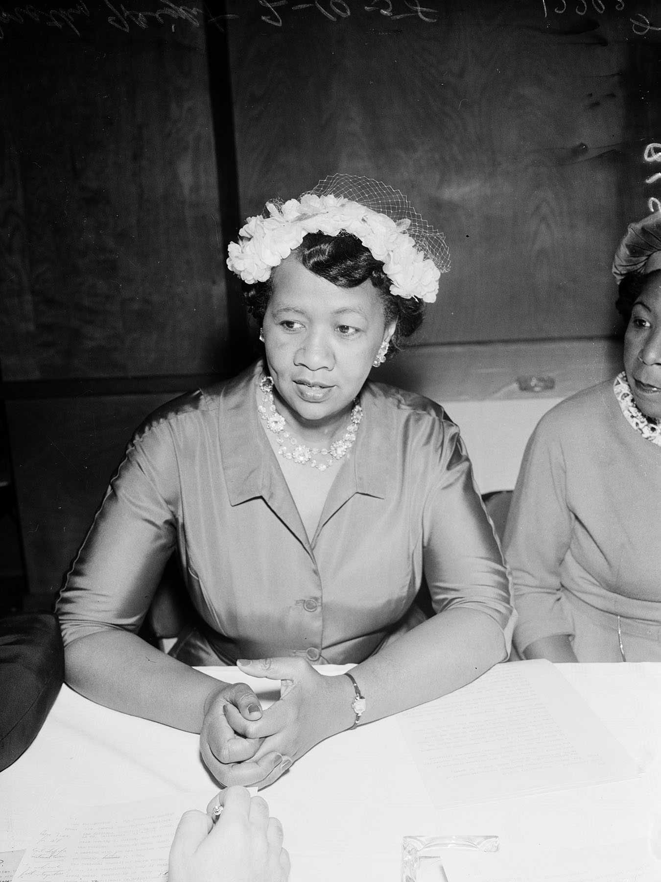 Dorothy Height speaks at a press conference in February 1958.