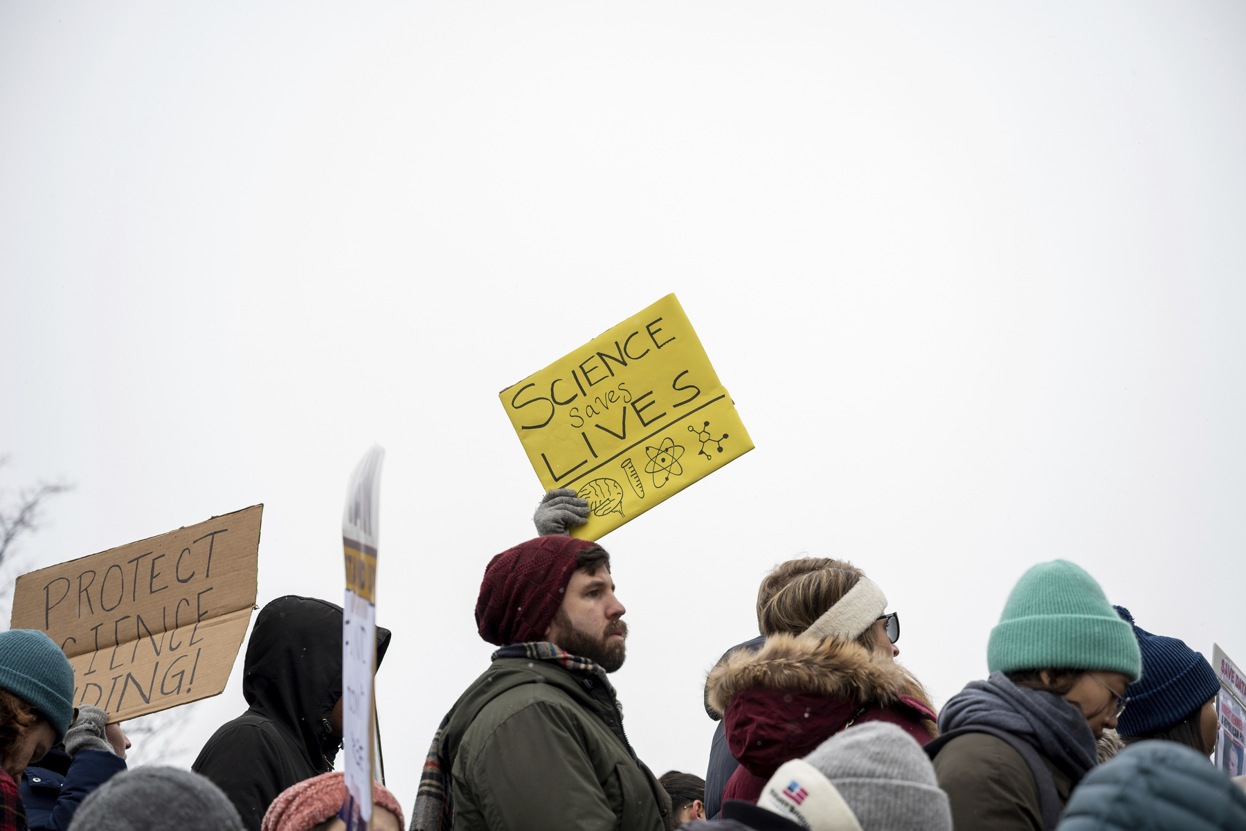 A line of protestors hold up signs saying "protect science" and "science saves lives".