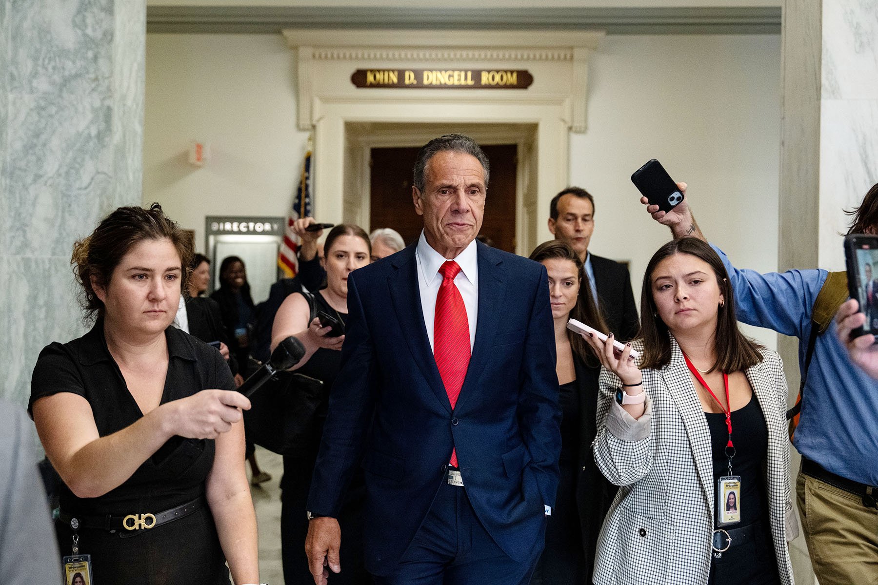 Andrew Cuomo speaks to the press after testifying before a subcommittee on the COVID pandemic at the Capitol.