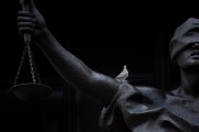 A bird rests on a statue of Justice at the US District Court.