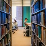 Students study in a library.