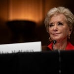 Linda McMahon answers questions from Senators during a confirmation hearing in Washington, D.C.