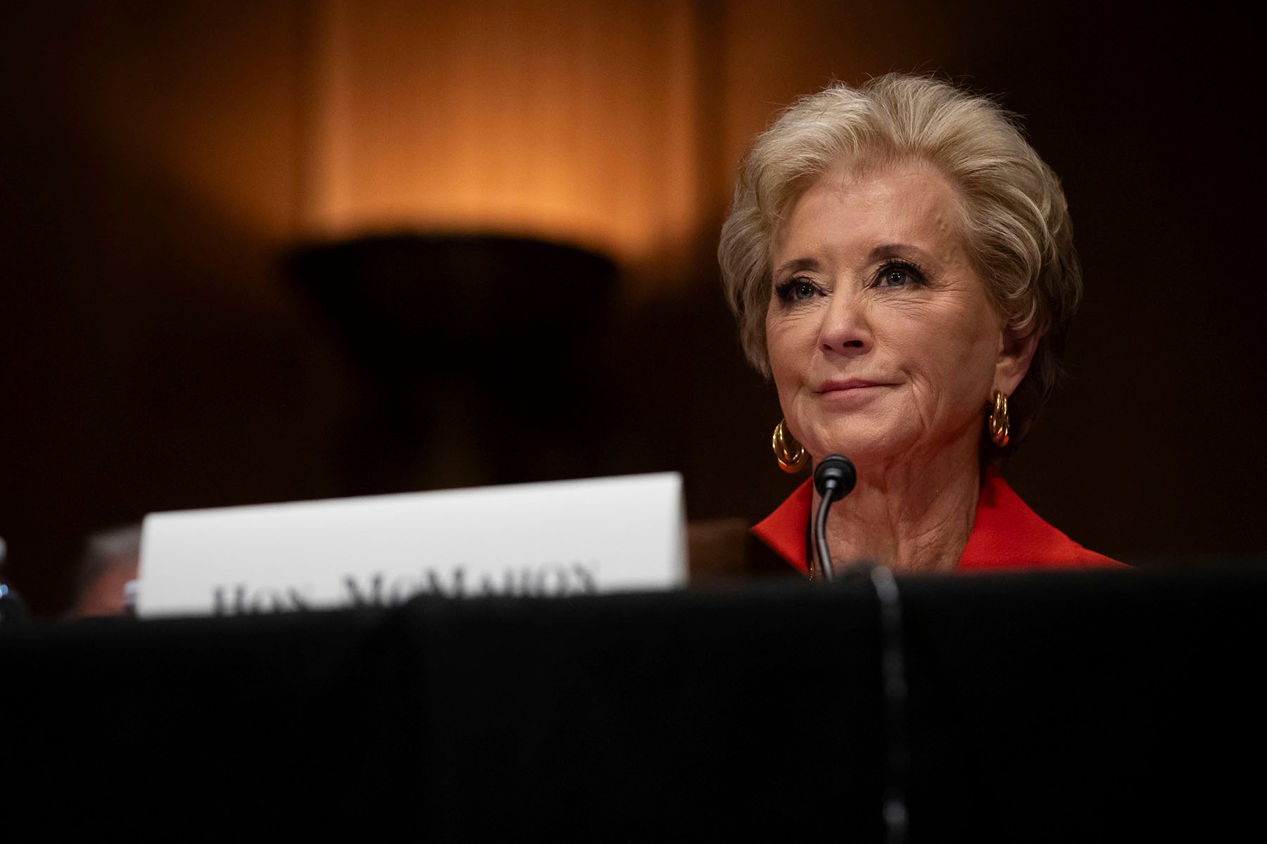 Linda McMahon answers questions from Senators during a confirmation hearing in Washington, D.C.