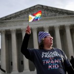 A transgender rights supporter takes part in a rally outside of the U.S. Supreme Court.