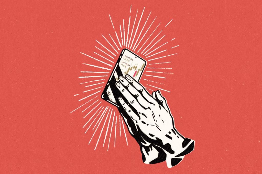 Hands in prayer holding a phone with stocks visible on the screen.