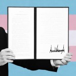 Photo illustration of trump holding an Executive Order over a trans flag.