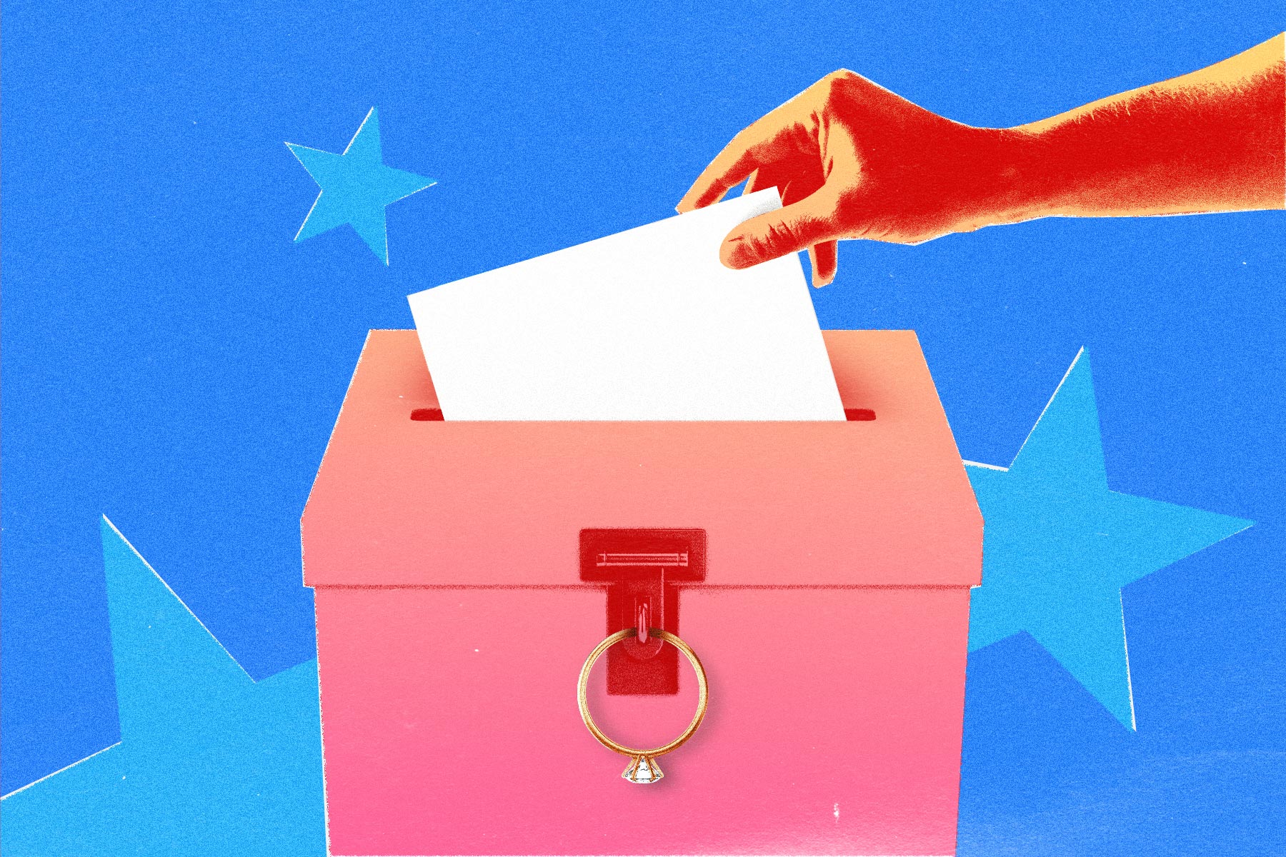 Photo illustration of a wedding ring being used to lock a ballot box as a hand drops a ballot into it.