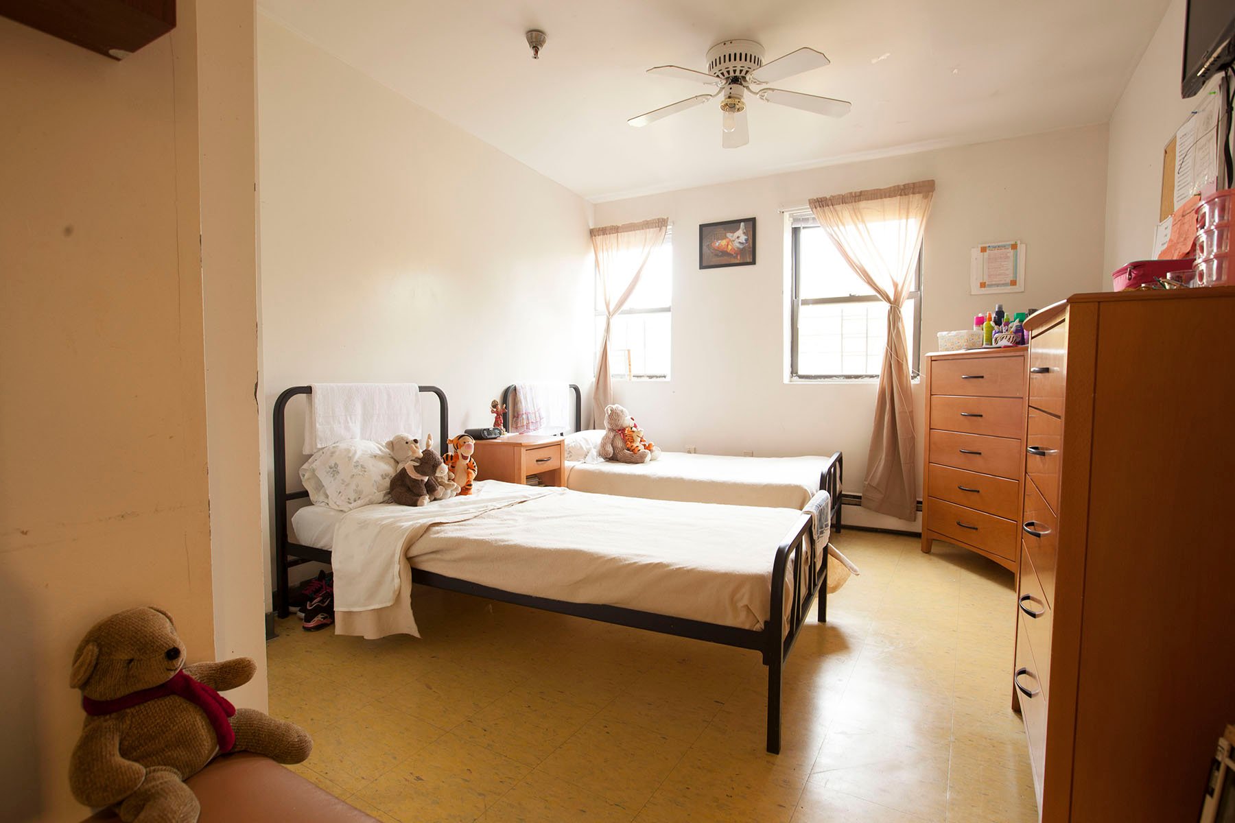 A room is seen in a temporary domestic violence shelter.